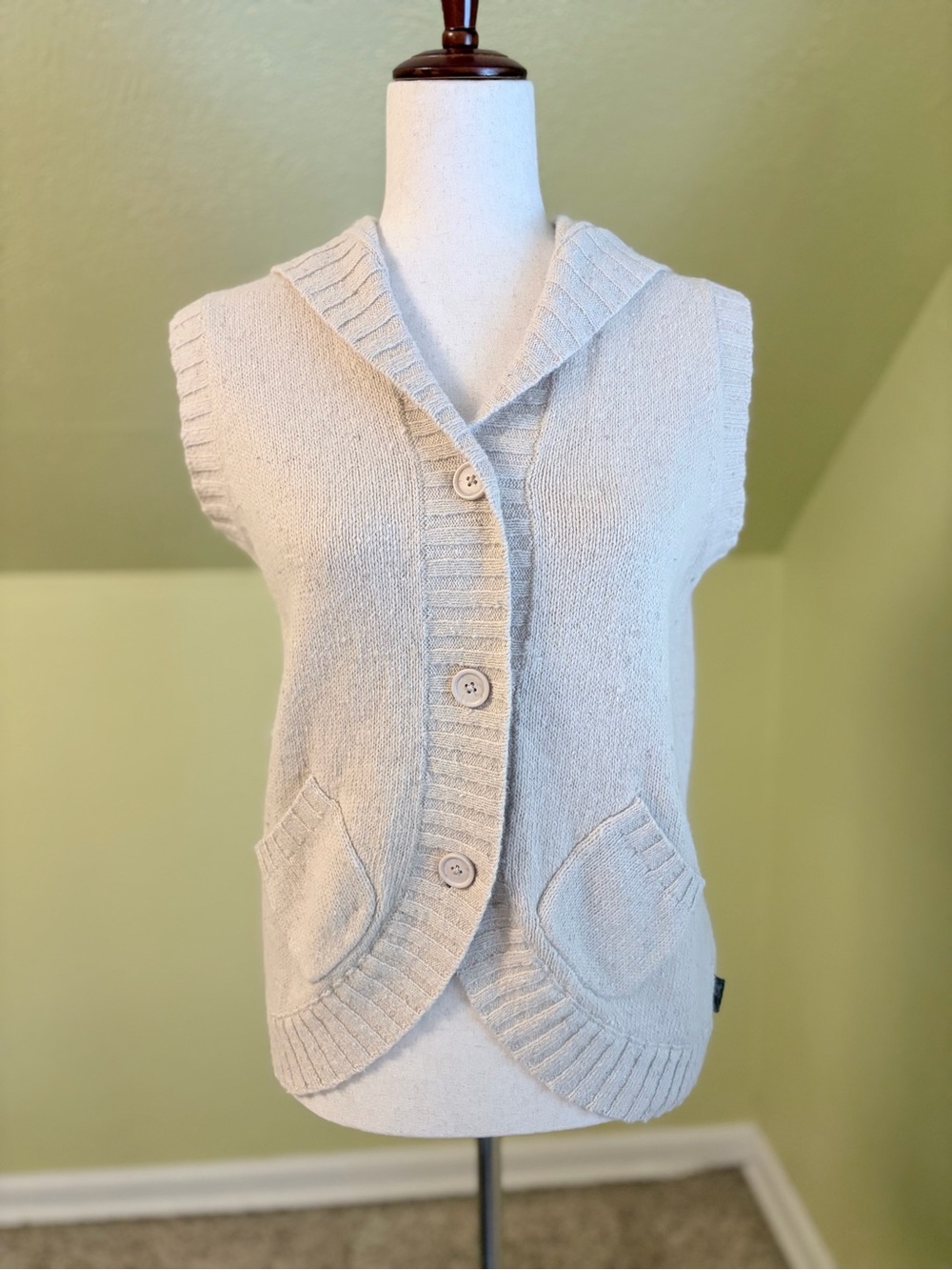 Woolrich Y2K Cream Hooded Button-Front Knit Vest Angora, Ramie Sz Medium - Picture 3 of 8